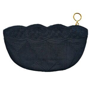 Vintage MCM Genuine Cordécraft Black Clutch Bag Art Deco Geo, Wavy Edge, Zip EVC